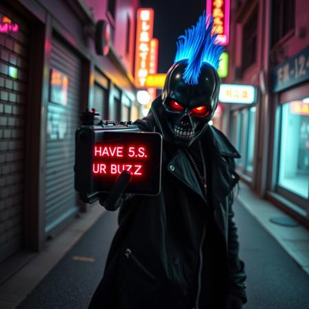 Cyberpunk criminal with glowing blue glass fiber mohawk and black skull mask, glowing red eyes, glowing teeth, black leather coat, in cyberpunk street alley, aiming a futuristic gun at viewer showing futuristic ipad with neon text on it "U HAVE 5S TO GIVE ME UR BUZZ", neon lights, night, wet asphalt