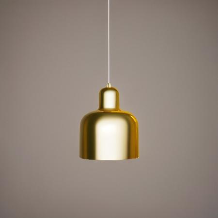 artek, Hand-spun brass, Hand-spun steel, Cable length 2,5 m,a gold colored light hanging from a white ceiling with a cord in the middle of it and a white background