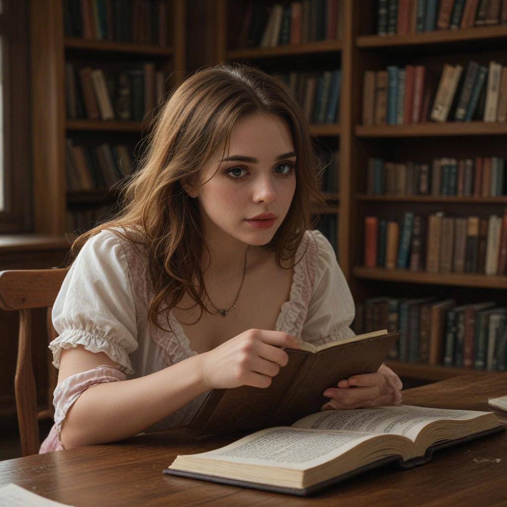 Create an image of a clown sitting quietly at a wooden table inside a dimly lit, old library. The clown, dressed in colorful yet slightly worn-out clothes, with exaggerated makeup and a red nose, is engrossed in reading a large, antique book. Rows of tall, dusty bookshelves filled with old volumes surround the scene, with soft light filtering in through tall windows. The clown's expression is focused and thoughtful, creating an intriguing contrast between the playful, chaotic nature of clowns and the calm, studious library setting.