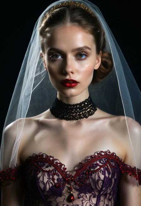 A professional (fashion photo photography:1.2),a  (studio portrait:1.2),showing (surrealistic style:1.1),(black purple gradient background:1.2),(exaggerated character movements:1.5),against glass,(masterpiece, best quality:1.4), perfect body,  long hair, brown hair, brown eyes, parted lips, , detailed skin,model photoshoot, long bob-cut hair, shiny oiled skin, pale skin,  pale white skin, shiny oiled skin, pale skin, realistic eye and face details), hyperrealism, very slim,  4k HDRvaporwave style Ultra High Resolution, wallpaper, 8K,Rich texture details, hyper detailed, detailed eyes, detailed background, dramatic angle,Ultra High Resolution, wallpaper, 8K,Rich texture details, hyper detailed, detailed eyes, detailed background, wearing translucent veils, elegant profile pose, dark photography, dramatic lighting, black background, deep shadows, chiaroscuro, (old russian folk light dress red ornaments:1.1) slim elegant russian girl folk hairstyle halo above head (icon style:1.2) choker, make-up photography by (Ethel Warwick:1.3), modelshoot, pose, , (Ethel Warwick: 1,2) award winning photo macro shot  dramatic lighting,philosophical dimensions,NIKON Z9,35mm,f/1.2,RAW format,stark composition.,(muted tones:1.2),award winning photo,(dream-like quality:1.2),