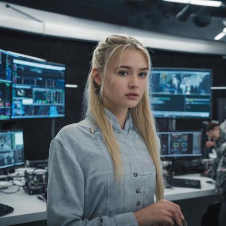 An beautiful 20yo Russian girl with long light blonde hair in a top ponytail, wearing casual but very feminine dress. Standing in a command center with people working on computers in the background and large overhead tactical computer screens.
(masterpiece) (best quality) (detailed) (8k) (HDR)