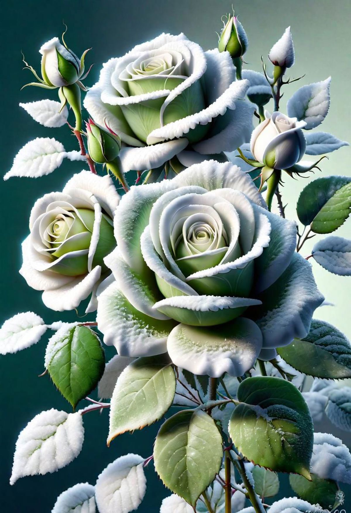 A bouquet of white roses with green leaves.