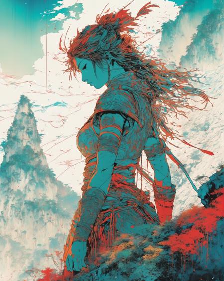 poster of warrior goddess, standing alone on hill, centered, detailed gorgeous face, anime style, key visual, intricate detail, highly detailed, breathtaking, vibrant, panoramic, cinematic, Carne Griffiths, Conrad Roset, Makoto Shinkai