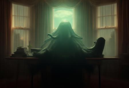 cthulu for president, oval office, mushroom cloud outside window, real photograph,photorealistic, correct hands, correct fingers, lovecraftian, vote button, campaign photo, election, elegant scene, facing away, sitting, smoking cigar, feet on desk