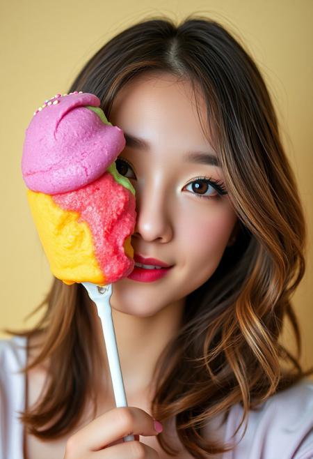 A portrait of a young woman with one of her eyes covered by a large, vibrant scoop of ice cream. The ice cream is colorful, with a smooth texture, slightly melting, and has sprinkles on top. The woman has a playful expression, with a slight smile on her lips. Her uncovered eye is expressive, with long eyelashes. She has medium-length hair styled in loose waves, and is wearing a casual outfit. The background is simple, allowing the focus to remain on her face and the ice cream. The lighting is soft, giving a warm, inviting feel to the image. K-pop Idol face