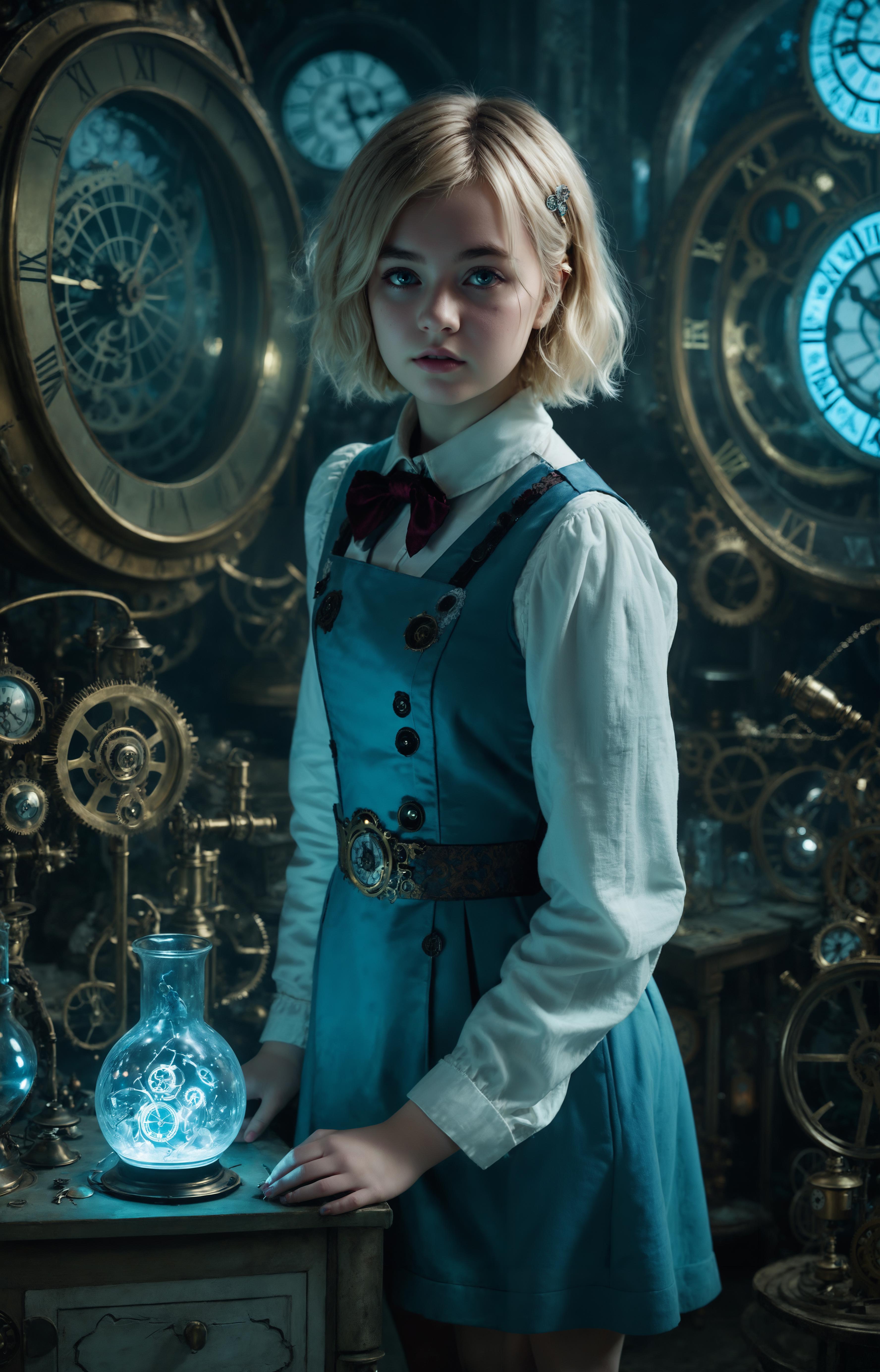 Girl in a blue dress and white shirt standing in front of a clock.