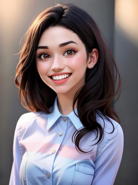 Realistic photo of a beautiful gr4c3f woman,1girl,solo,long hair,looking at viewer,smile,shirt,black hair,brown eyes,upper body,teeth,grin,lips,black shirt,realistic,nose,soft lighting, professional Photography, Photorealistic, detailed, RAW, analog, sharp focus, 8k, HD, high quality, masterpiece<lora:gr4c3f:1.0>