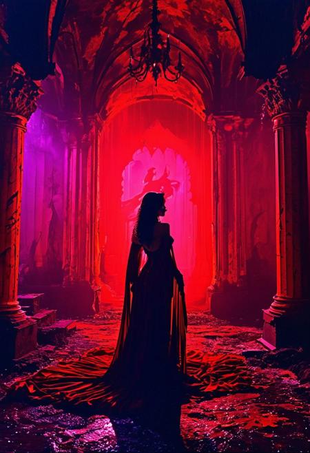 sultry sorceress with a flowing red robe, casting illusions in a shadowy hall
silhouette ,
in the style of the decaying empire of Wrstreich, dark magic and grotesque creatures abound, inspired by Sean Aaberg's punk aesthetic, dark fantasy world combines grim landscapes with vibrant, exaggerated neon colorful art, old 80's VHS dark fantasy, VHS screen grab, grainy, old footage