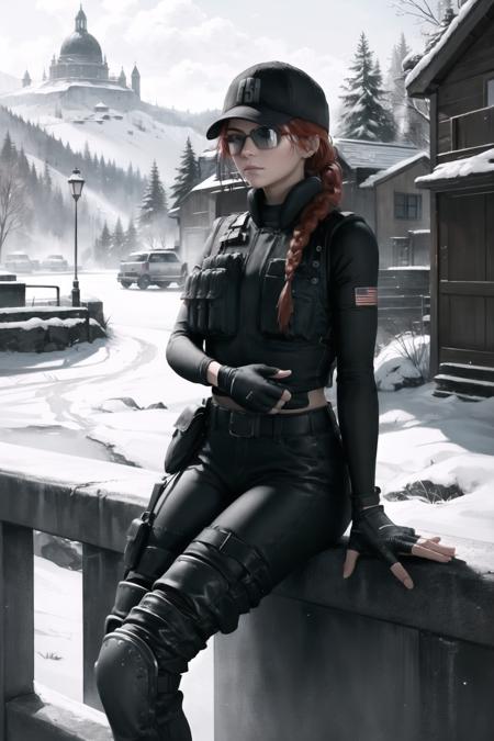 (masterpiece, best quality:1.2),  <lora:ash_(rainbow_six_siege):1>, ash (rainbow six siege), 1girl, solo, hat, gloves, breasts, boots, baseball cap, pants, red hair, knee pads, black gloves, uniform, bulletproof vest, military, single braid, long sleeves, braided ponytail, braid, fingerless gloves, sunglasses, hair over shoulder, leaning on a railing, gazing into the distance, contemplative