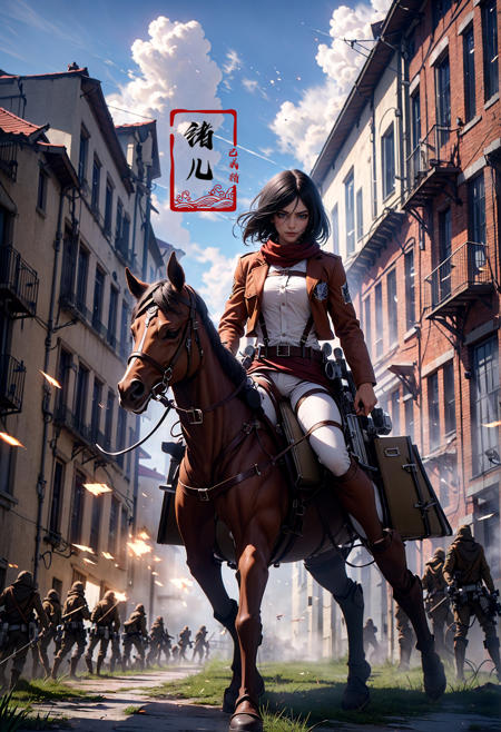 stunning move,thrilling moment, arms crossed, serious,
Mikasa1girlparadis military uniformbrown jacket3D Maneuver Gear, blades,
holding weaponthree-dimensional maneuver geartall boots, white shirtpantsbeltred scarfshort hair, black hair, Survey Corps uniform, brown jacket, green regimental belt,
survey corps V(emblem\), training corps V(emblemU),
<lora:~Q?-N	{  Mikasa:0.8>