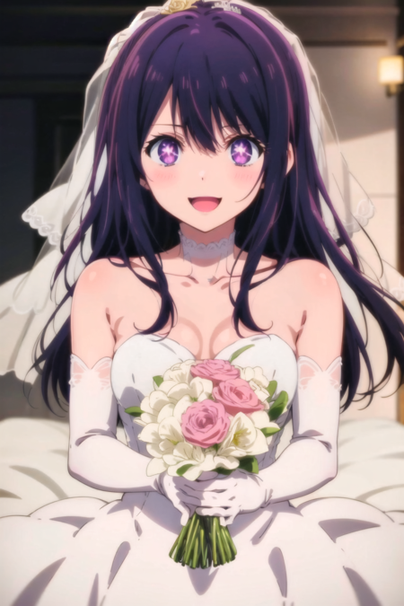 Ai Hoshino, <lora:ai_hoshino-000004:0.45>, purple eyes, black hair, very long hair, hair blowing, anime screencap, solo, 1girl, solo, smile, open mouth, wink, bright, (wedding dress:1.1), bridal veil, <lora:kyoto animation_artstyle_LoCon:0.65>, kyoto animation screencap, bouquet, white gloves,