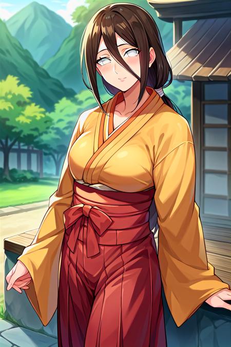 hanabi, brown hair, white eyes, hair between eyes, low ponytail japanese clothes, kimono, red hakama, hakama skirt,