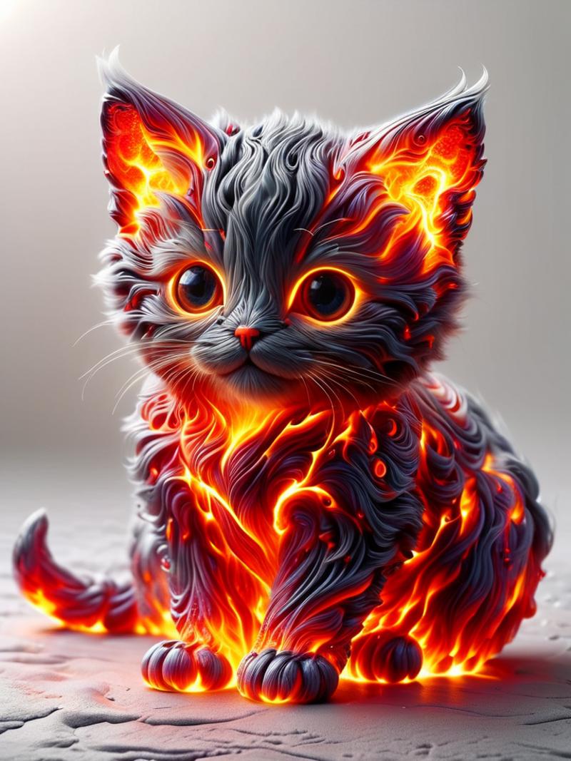 An orange and black cat with glowing eyes and fire-like fur.