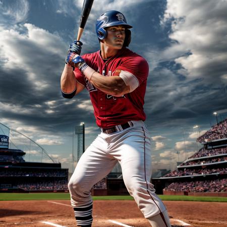 (baseball gloves red white and blue), muscular Baseball player up to bat, large crowd in stadium,