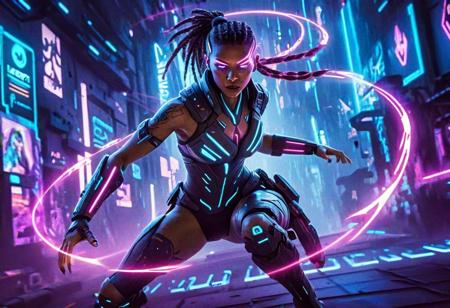 Illustrate an electrifying scene where a beautiful model showcases her combat prowess in a cyberpunk-inspired tribal enclave, her futuristic tribal cybernetics enhancing her agility and strength as she battles against rival factions amidst pulsating electronic beats and swirling holograms. Low-key lighting Style, Cyberpunk city
