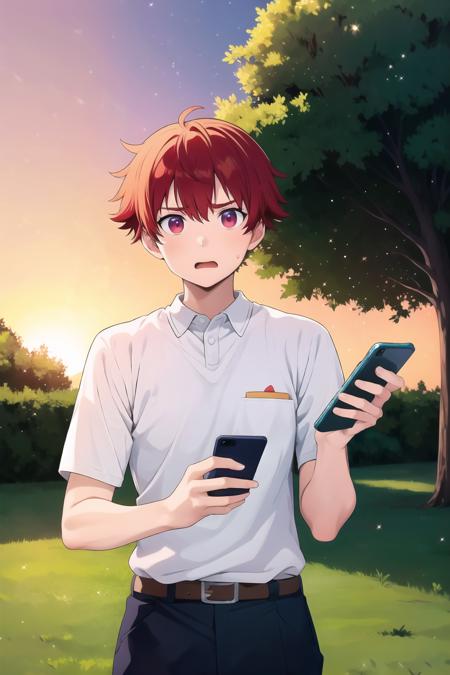 <lora:noyrv2:0.7> male focus, male only, park, grass, outside, holding phone, texting, white shirt, red overshirt, red hair, looing at viewer, surprised, sunset