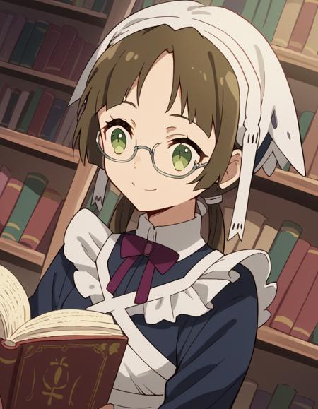 lotte, brown hair, twintails, green eyes, low twintails, apron, maid, maid headdress, maid apron,