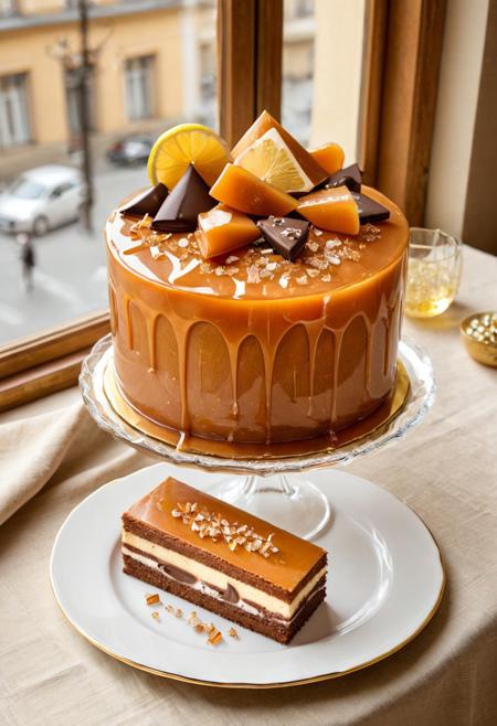 score_9, score_8_up, score_7_up,
 (European Caramel Geometric Shard Black Forest Cake)
A **decadent, cylindrical Black Forest cake**, with visible layers of rich chocolate sponge, luscious cherry filling, and whipped cream, elegantly frosted with dark chocolate shavings. Scattered artfully on top and around the cake are **irregular, crystal-clear amber caramel geometric shards**, sharp and multifaceted, catching ambient light like fragmented jewels. Beside the cake, a **crystal glass of sparkling elderflower cordial** with a lemon twist sits on a linen tablecloth. The scene is set in a **classic European patisserie window**, with **warm, inviting spotlighting**, emphasizing sophisticated indulgence and edible architectural beauty.
(caramel sauce :
translucent amber caramel, shimmering, crystal-clear, fluid and ethereal, light-infused, glossy surface, delicate viscosity, radiant golden glow, pure clarity, elegantly flowing, like liquidized gemstone, smooth and refined, with subtle luminous reflections.delicate drizzle.partially glazed.adorned with.)
