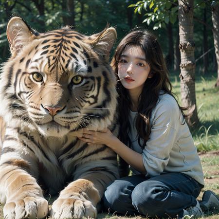 photorealistic,realistic,photography,masterpiece,best quality,ultra-detailed,extremely detailed CG unity 8k wallpaper,1girl,oversized tiger,outdoors,on the grassland,<lora:md_20230912225623-000006:0.6>,