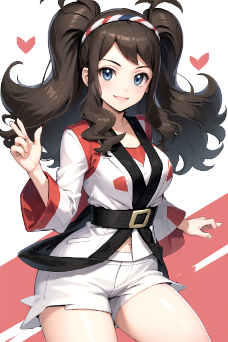 masterpiece, best quality, <lora:HildaLora:0.7>, hilda \(pokemon\), 1girl, solo, white shorts, red trim, white jacket, red hairband, smile, japanese clothes, black belt