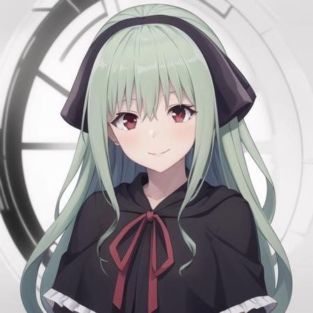 (masterpiece, best quality:1.2),illustration,8k,hd,absurdres,1girl,solo,upper body,(portrait:1.2),long hair,smile,zettai ryouiki,black thighhighs,dress,neck ribbon,looking at viewer,long sleeves,hair band,capelet,green hair,black dress,red eyes,ribbon,bangs,frills,loafers,<lora:Ilia_(trinity_seven)>,