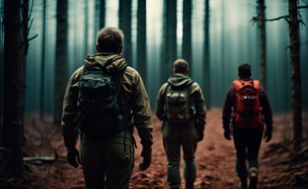 a group of hikers in the forest at night, moonlight, horror movie, intricate details, cinematic style