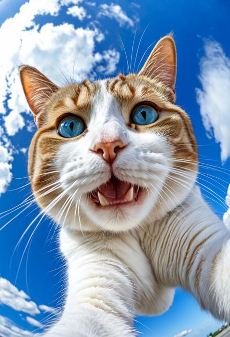 close-up cat taking a selfie, fisheye effect style, happy mood, strong facial expression, blue sky background with cirrus clouds,