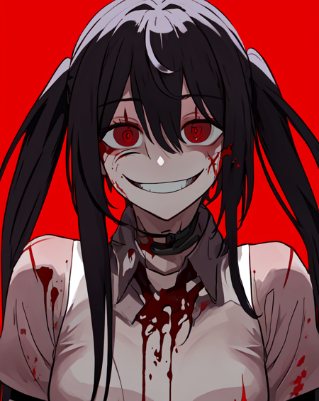 masterpiece, best quality, <lora:last-000005:0.6>, yameroyandere, (crazy smile:1.2), crazy eyes, yandere, red background, constricted pupils, red eyes, blood on face, empty eyes,