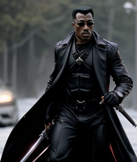 b2lad3, solo, gloves, 1boy, holding, male focus, black gloves, sword, coat, facial hair, sunglasses, very short hair, leather, trench coat, rapier