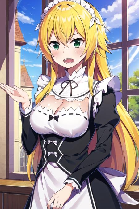 best quality, highres,ultra-detailed, 1girl, solo_focus,  <lora:FredericaV4:1.0>, Frederica, frederica_baumann, 1girl, long hair, solo, blonde hair, green eyes, roswaal mansion maid uniform, ribbon, breasts, maid, black ribbon, long sleeves, open mouth, sharp teeth, cleavage, window, god rays, mansion background,