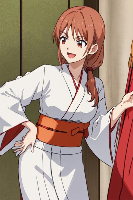 best quality, masterpiece, highres, solo, {white kimono:1.35}, {red hakama:1.35}, {wide sleeves:1.20}, {hanabatake_yoshie_ahogirl:1.15}, brown_hair, open_mouth, long_hair, smile, red_eyes