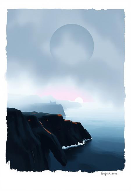 A dramatic Nordic landscape in thick fog, rendered in vibrant complimentary colors.  Minimalistic details highlight a rugged coastline and vast seascape. Expressive brushwork captures a moody atmosphere with dark tones, stark contrasts, and balanced color tones.