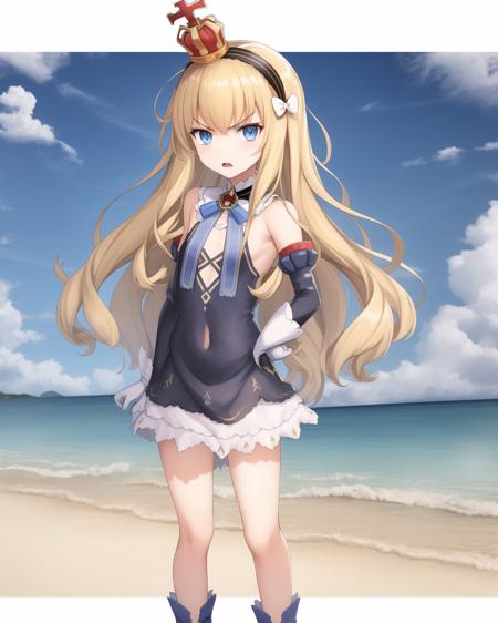 eqlc, full body, 1girl, long hair, solo, strapless dress, blonde hair, crown, blue eyes, gloves, hairband, looking at viewer, white gloves, small breasts, flat chest, bow, black hairband, detached sleeves, bangs, mini crown, detached collar, angry, sand, beach, summer, sky, day, full body, standing