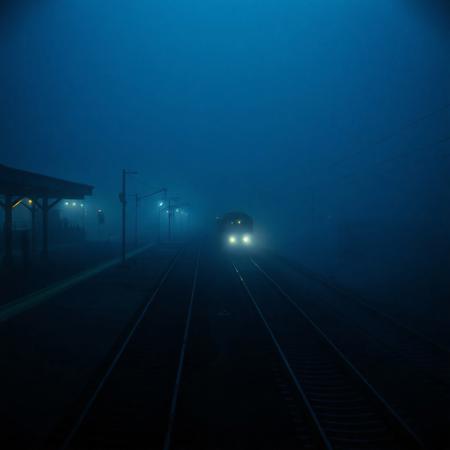 *"A still, hauntingly beautiful evening train station, bathed in deep blue hues and thick, slow-moving fog. The camera lingers motionless above the tracks, capturing the eerie stillness—only the faint glow of distant station lights piercing the mist. Suddenly, a slow, ghostly movement: a single train arrives silently, its headlights cutting through the fog like dim searchlights. The air shimmers with floating particles, and the scene feels frozen in time, yet alive with tension. No people, no loud sounds—just the quiet hum of machinery and the occasional creak of metal. Cinematic, 4K, 35mm film grain, muted colors, surreal and dreamlike."*