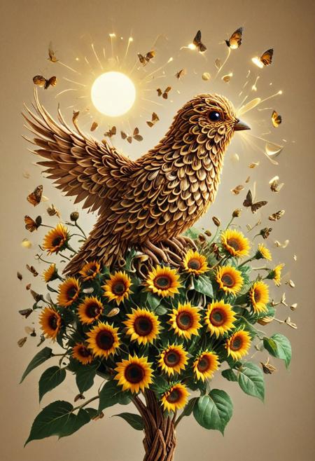 Made of Sunflowers, tiny dove crafted from sunflower seeds and fuzzy yellow petals, building a nest of tangled stems and soft pollen puffs, perched on a branch surrounded by glowing sun rays and butterflies, SDXL, whimsical and radiant