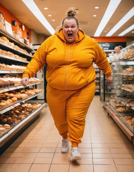 ugly unattractive woman,bad skin,(fat:1.3),bad teeth,balding,in a cake store,obese,oily hair,tracksuit,full body,running towards the camera,receding hairline,
vivid colors,cinematic angle