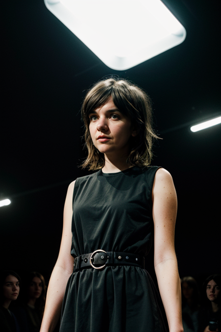 CourtneyBarnett, glamour photograph, supermodel, wearing (postmodern colorful high-fashion architectural structural dress:1.2), walking on the ramp at fashion show, subtle dim lighting, intricate detailed face (rendered glossy eyes), perfectly composed, upper body, intricate details, serious look, ((black background)), pose, modelshoot, RAW, analog, Nikon 75mm f1.2,  <lora:add_detail:0.55> <lora:FilmVelvia3:0.55>