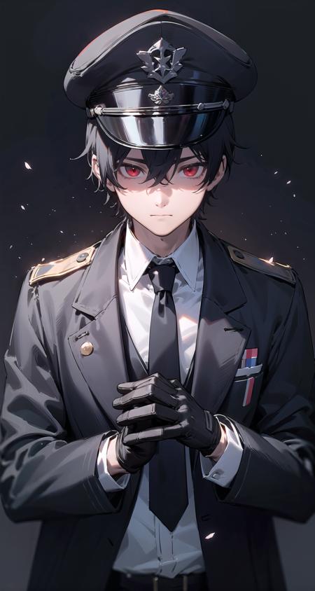 black background, adjusting gloves, black gloves, solo, black hair, male focus, 1boy, look down, black jacket, simple background, black necktie, closed mouth, upper body, looking at viewer, collared shirt, short hair, hair between eyes, peaked cap, red eyes, military uniform, black headwear, white shirt,
BREAK
bokeh, bloom