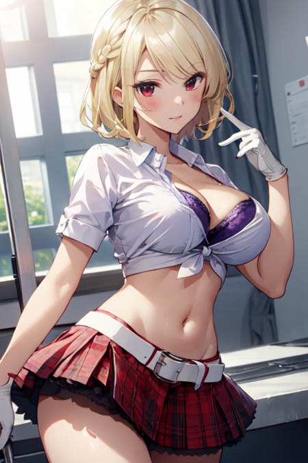 BaratoReiko, 1girl, solo, short hair, plaid skirt, blonde hair, large breasts, white shirt, red eyes, gloves, navel, cleavage, braid, short sleeves, midriff, collared shirt, white gloves, miniskirt, red skirt, tied shirt, white belt, purple bra