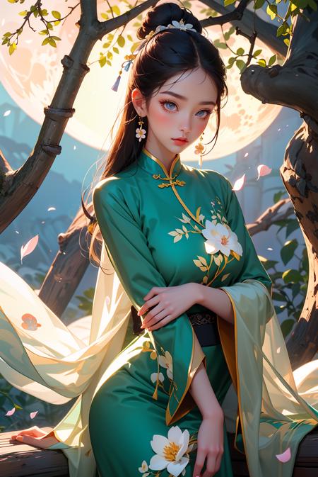 1girl, flower, hair ornament, solo, long hair, black hair, holding, holding flower, branch, jewelry, chinese clothes, hair bun, earrings, hair flower, long sleeves, petals, moon, wide sleeves, forehead mark, blue flower, dress