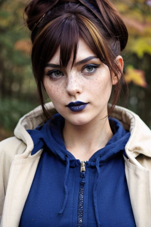 Closeup Portrait, Tsundere looking, goth Woman hiding her small breasts behind colorful autumn leafes, Freckles, blue lips...