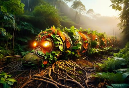 foliage-and-roots, caterpillar is made entirely from foilage and root.
Caterpillar, illustrated in the vibrant and intricate tiki art style, is shown from a fish-eyed perspective, giving it a unique distorted appearance. The medium shot captures the creature's entire length as it slowly crawls up the steep incline of a volcanic slope. The scene is set during twilight, with the orange glow of dusk casting warm hues on the black rocks and lush vegetation. Misty fog surrounds the area, giving off an eerie yet mesmerizing atmosphere. This captivating artwork invites viewers to immerse themselves in a fantastical world where nature reigns supreme.