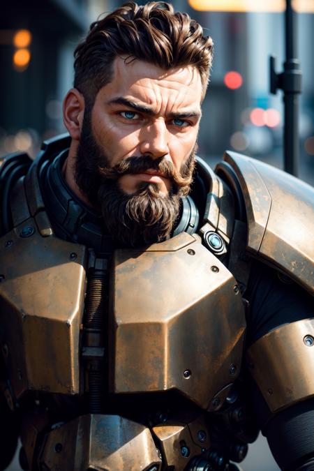 close up Portrait photo of muscular bearded guy in a worn mech suit, ((light bokeh)), intricate, (steel metal [rust]), elegant, sharp focus, photo by greg rutkowski, soft lighting, vibrant colors, masterpiece, ((streets)), detailed face