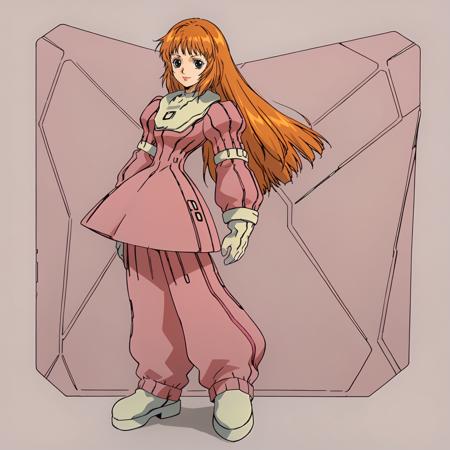 HimeUtsumiya,1girl,orange hair,long hair,black eyes, pink shirt,turtleneck,short_sleeves, belt,grey pants,baggy pants, shoes, pilot suit,pink dress,puffy_sleeves,skirt, pink pants,