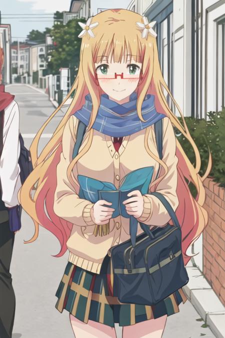 best quality, masterpiece, highres, solo, {mitsuki_sonoda_sakuratrick:1.15}, blonde_hair, glasses, flower, blush, hair_flower, hair_ornament, long_hair, green_eyes, red-framed_eyewear, 1girl, scarf, semi-rimless_eyewear, blue_scarf, parody, smile