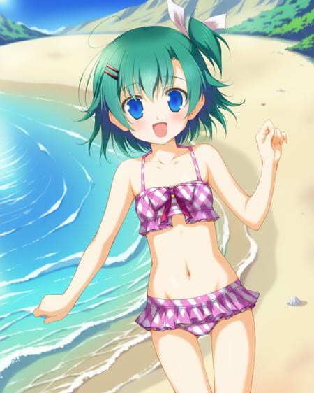 toumine tsukasa, blue eyes, green hair, one side up, short hair, red hairclip, white hair ribbon, small breasts,  school uniform, one side up, short hair, white thighhighs, loafers, hoodie, handbag, red miniskirt, white thighhighs, brown footwear,  striped frilled bikini, barefoot,  minami kana, yellow eyes, red hair, ahoge, hair flaps, long hair, large breasts,  maid headdress, detached collar, bow, maid, mary janes, wrist cuffs,  twin braids, school uniform, mary janes, twin braids, hairbow, dress, bow, choker, frills, spats, high heels,  twin braids, white hairbow, white frilled bikini, side-tie bikini bottom, bow, barefoot, halterneck,  twin braids, white hairbow, purple kimono, obi, furisode, zouri,  kisaragi mio, blue eyes, black hair, long hair, braid, white hairband, white hair ribbon,  school uniform, loafers, white kneehighs, pink crop top, collar, midriff, white pleated skirt, purple belt, strappy heels, bracelet,  purple bikini, halterneck, side-tie bikini bottom, barefoot,  shikishima  kyou, yellow eyes, light purple hair, medium hair, ahoge, black hair ribbon, large breasts,  school uniform, black thighhighs, mary janes,  yellow kimono, dress, frills, white thighhighs, mary janes,  white one-piece swimsuit, white mary janes,  pink animal hood, open hoodie, nikaidou shinku, red eyes, blonde hair, long hair, two side up, red hair ribbon, hair intakes, small breasts, sundress, bow,  frills, white sandals,  school uniform, labcoat, off shoulder, black thighhighs, ankle boots, 