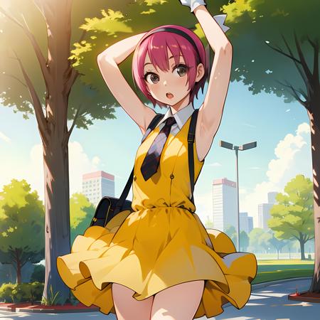 mizuki_suzushiro, 1girl, solo, gloves, dress, hairband, necktie, armpits, bag, black eyes, arms up, handbag, yellow dress, short dress, public park, outside, sunny day