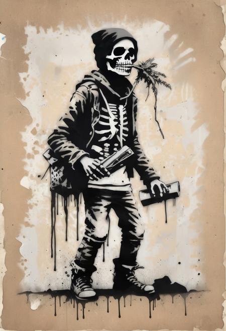 <lora:Banksy Style:1> Banksy Style page, banksy stencil print of a homeless punk skeleton wearing a  robber mask over his mouth, simple background