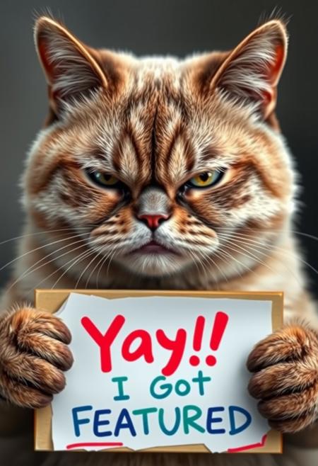 "Create a photorealistic image of an Exotic Shorthairs cat with an extremely grumpy expression, featuring a deep, droopy frown and scowl. The cat's eyes should be narrowed and its eyebrows furrowed, conveying a sense of displeasure and annoyance. In stark contrast to its grumpy demeanor, the cat is holding a sign that reads 'Yay! I Got Featured' in bold, colorful letters. The sign should be rendered in a playful, handwritten font, with a few subtle tears and creases to give it a more organic feel. The cat's fur should be depicted in exquisite detail, with individual hairs and whiskers visible, and a subtle sheen to suggest its short, smooth coat. The overall effect should be one of humorous, ironic contrast between the cat's grumpy expression and its enthusiastic sign." Highest-Quality, 4k, intricate details, visually stunning, Masterpiece