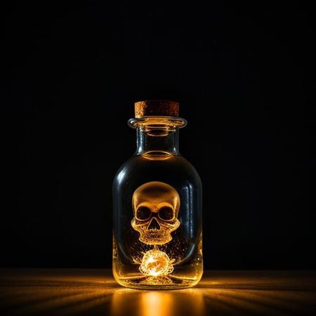 RAW photo, 8k uhd, dslr, soft lighting, high quality, film grain, Fujifilm XT3, Masterpiece, photorealistic, blue fiery skull, trapped in a bottle, on table, pitch black room, light from wisp